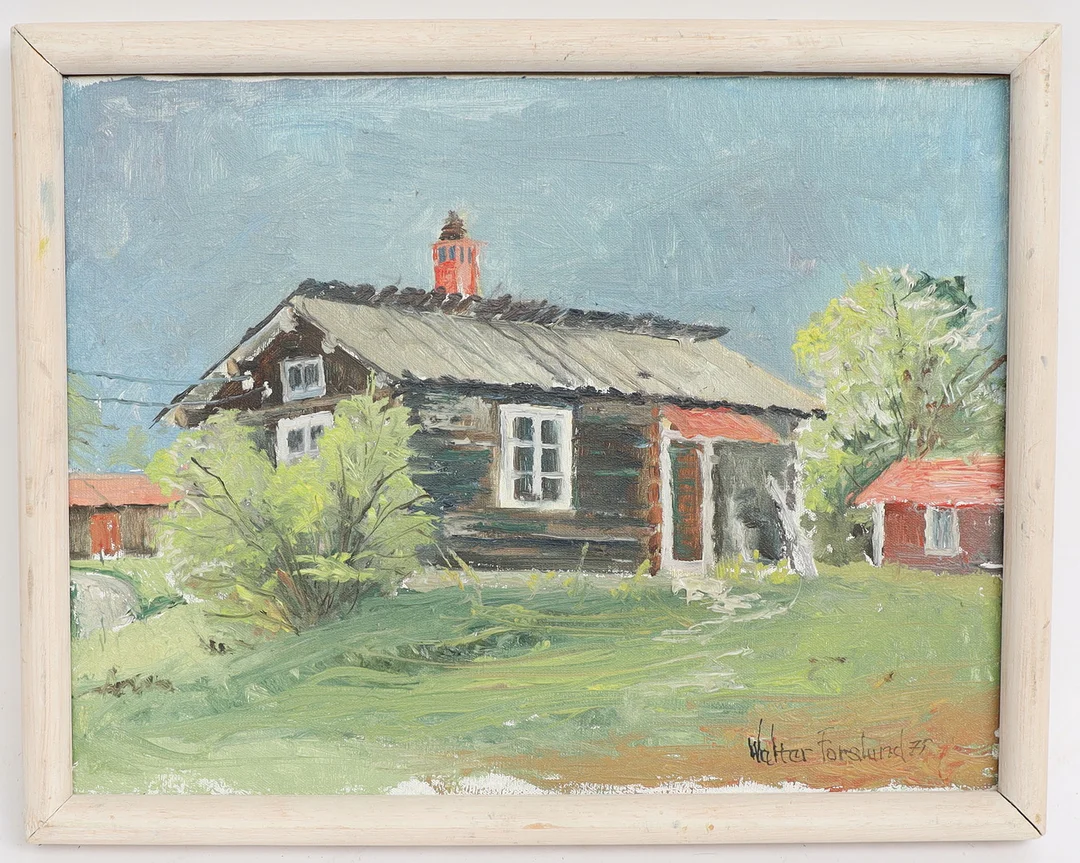 WALTER FORSLUND. "Soldattorp bjursås" oljemålning på duk, signerad. — Paintings — Falun Auktionsbyrå