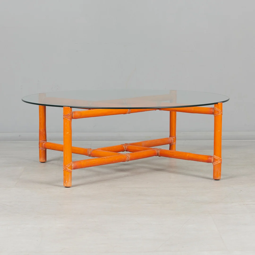 LYDA LEVI. McGuire, Couchtisch, Rattan, Glas, 1980er Jahre, USA. — Coffee Tables — Stockholms Auktionsverk Köln