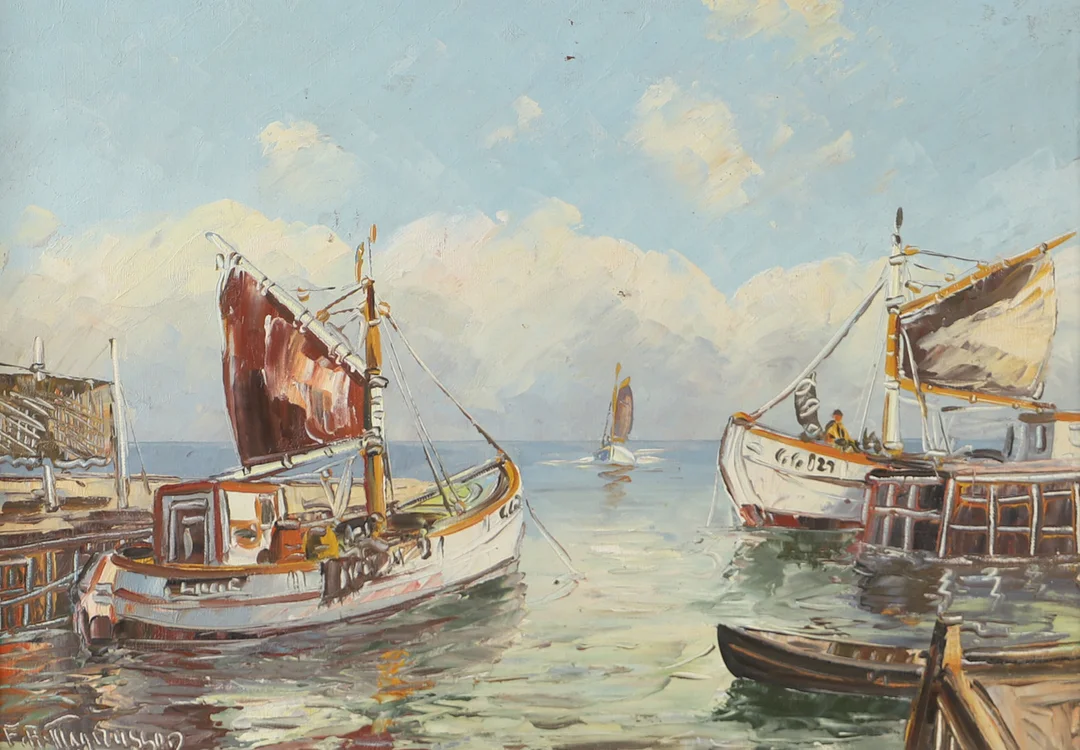 OIDENTIFIERAD KONSTNÄR. Fiskebåtar, olja på duk, signerad F A Magnusson. — Paintings — Helsingborgs Auktionskammare