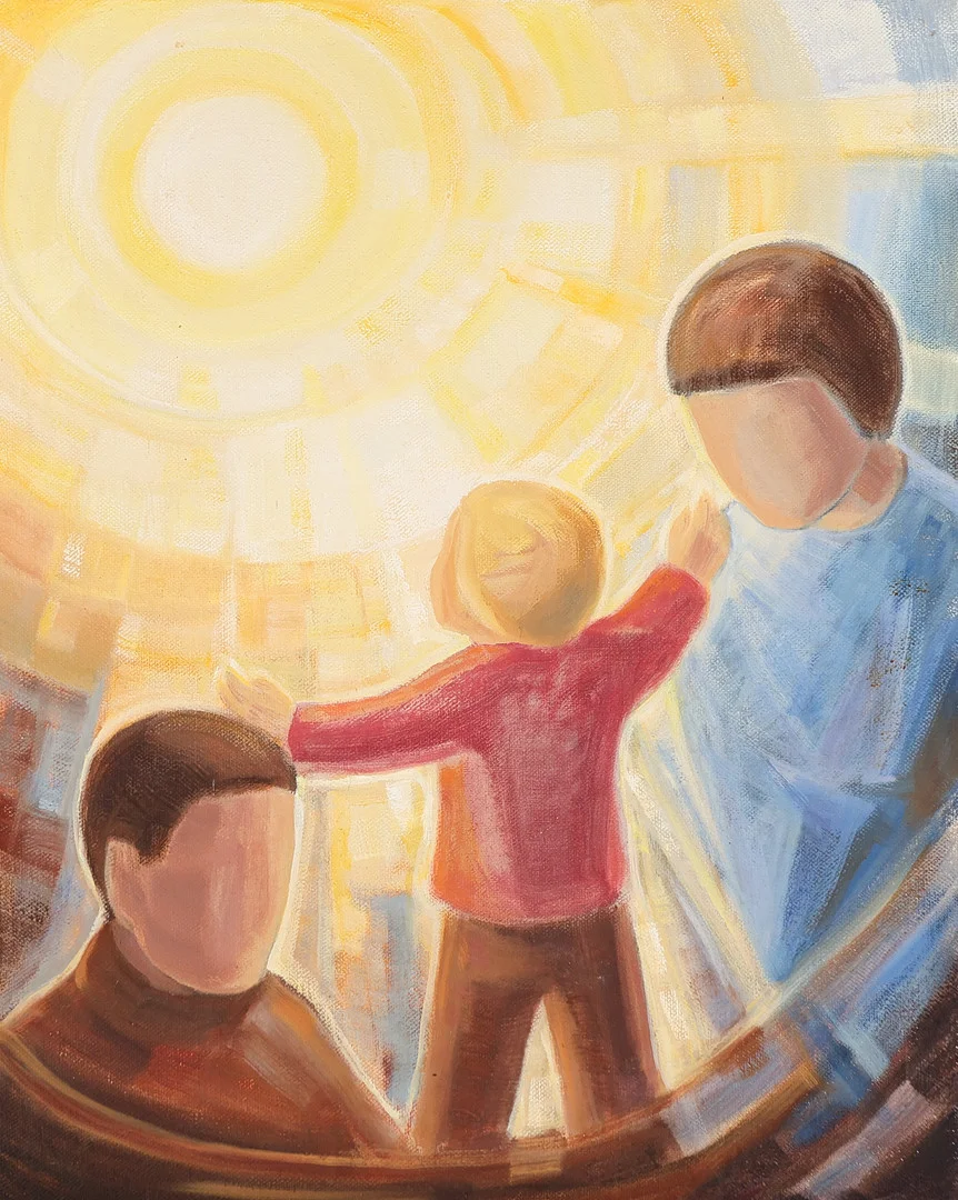 UBEKENDT KUNSTNER 20 ÅRH. Motiv med forældre og barn der ser imod solen, olie på lærred, usigneret. — Paintings — Palsgaard Kunstauktioner