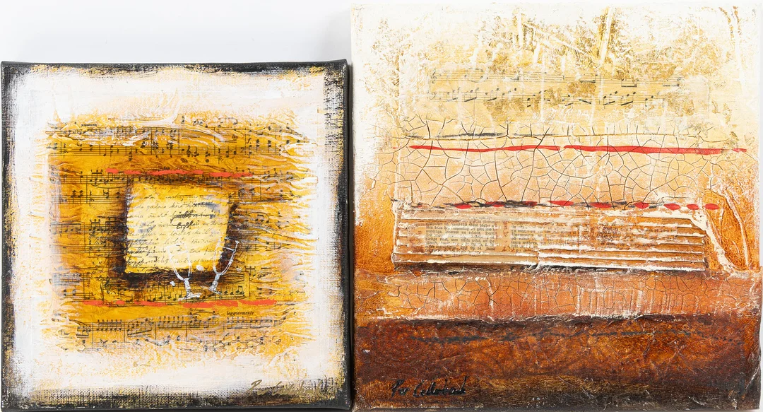 PER CEDERBANK. "Skål" samt "Composition", blandteknik på duk, signerade. — Paintings — Stockholms Auktionsverk Helsingborg