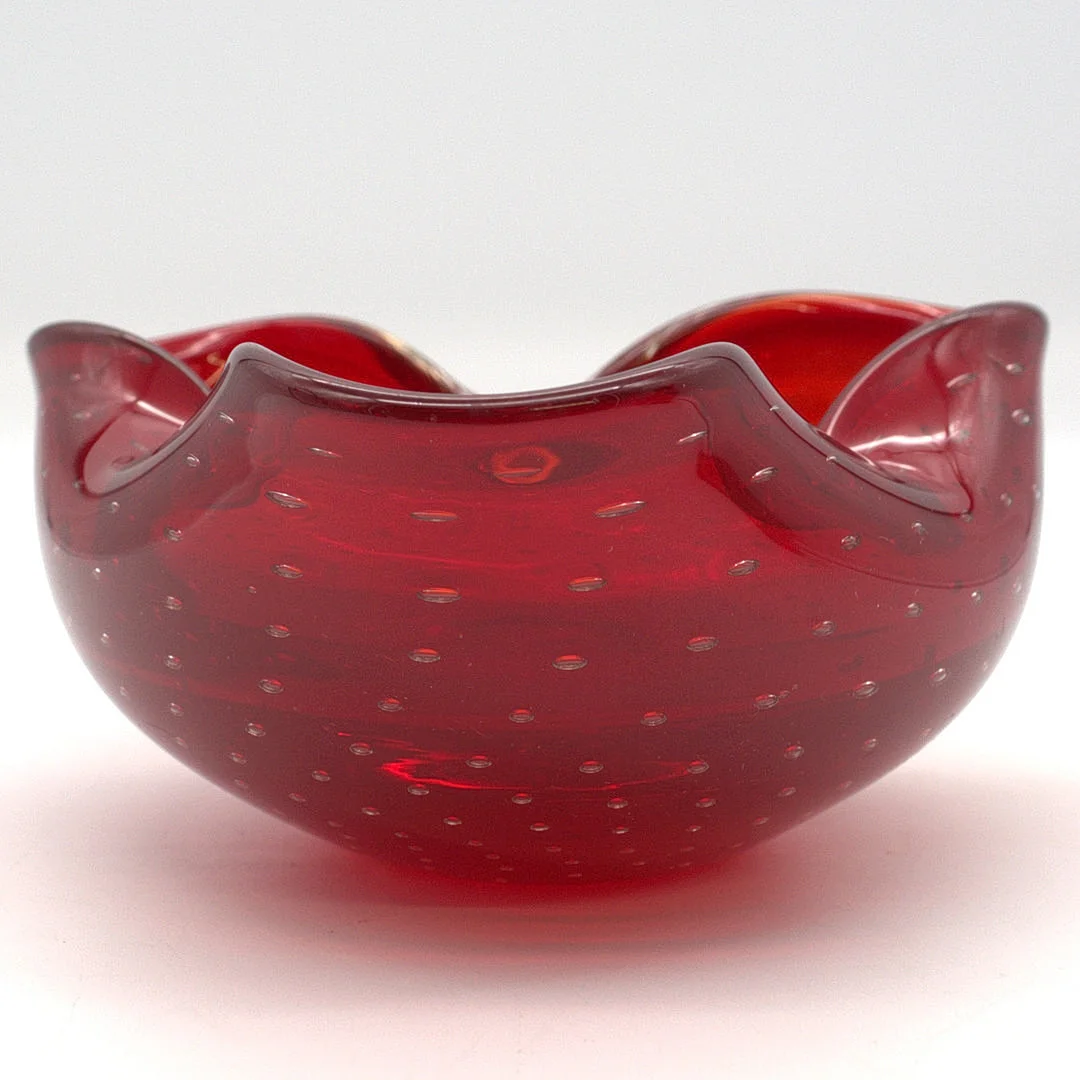 ARCHIMEDE SEGUSO. MURANO GLAS SCHALE, ROT, BULLICANTE, ITALIEN, UM 1950. — Art glass — Kunst- und Auktionshaus Kleinhenz