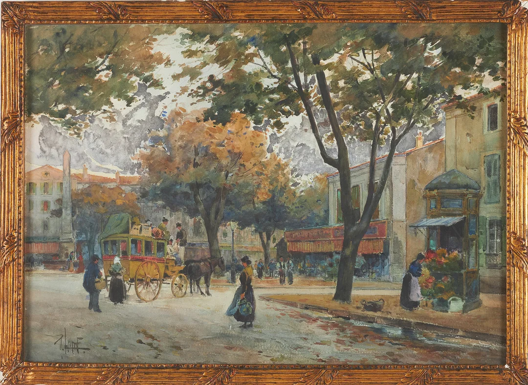 OIDENTIFIERAD KONSTNÄR. Stadsmotiv, Frankrike, akvarell, signerad, 1800-talets slut. — Paintings — Stockholms Auktionsverk Sickla