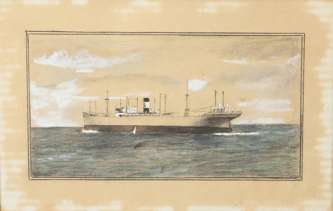 OKÄND KONSTNÄR. Lastfartyg, teckning, osignerad. — Drawings — Helsingborgs Auktionskammare
