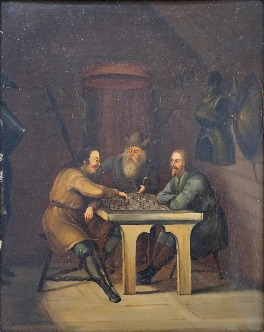 OKÄND KONSTNÄR. Schackspelare. Olja på plåt, 1800-tal. — Paintings — Auktionshuset Thörner & Ek