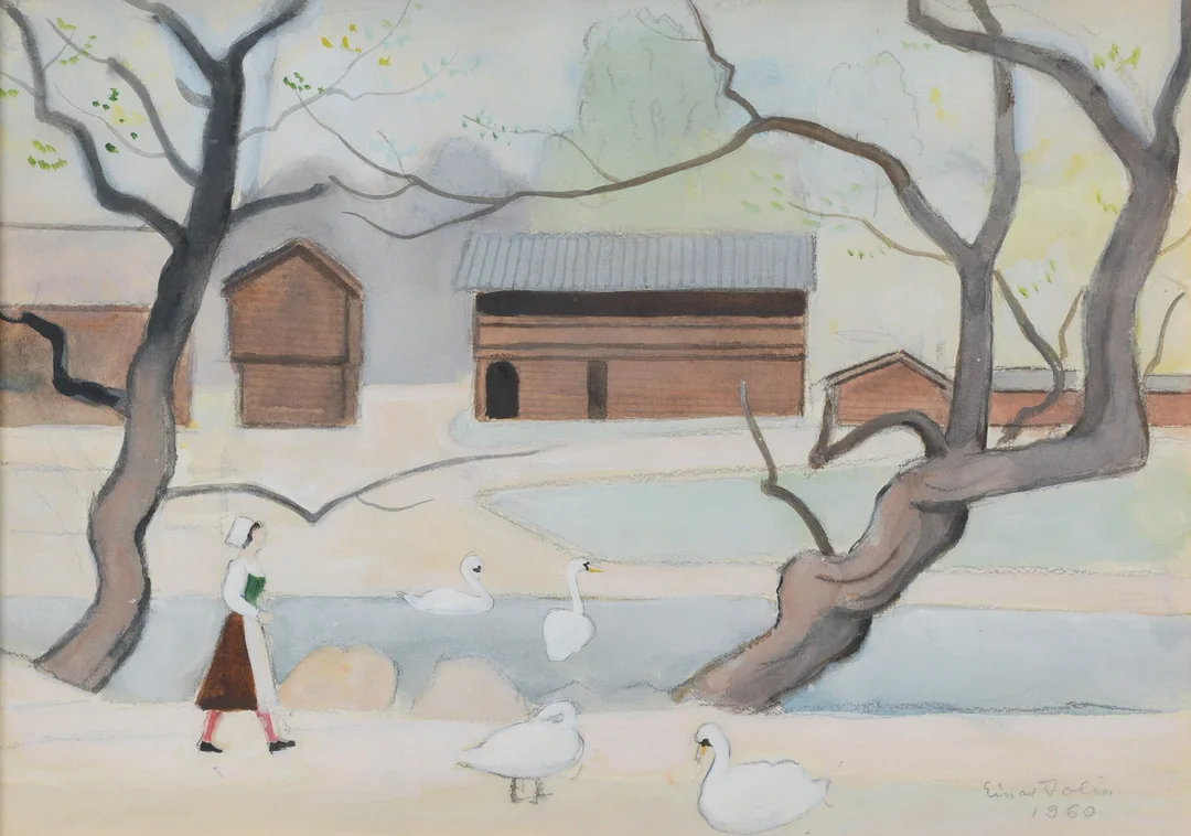 EINAR JOLIN. Motiv med härbre och svandamm, akvarell, signerad samt daterad 1960. — Paintings — Formstad Auktioner