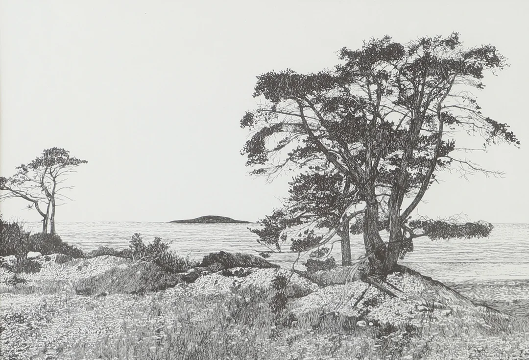 HANS ANDERSSON. "Utsikt mot blå jungfrun", litografi, signerad och datera -84. — Engravings & Prints — Helsingborgs Auktionskammare