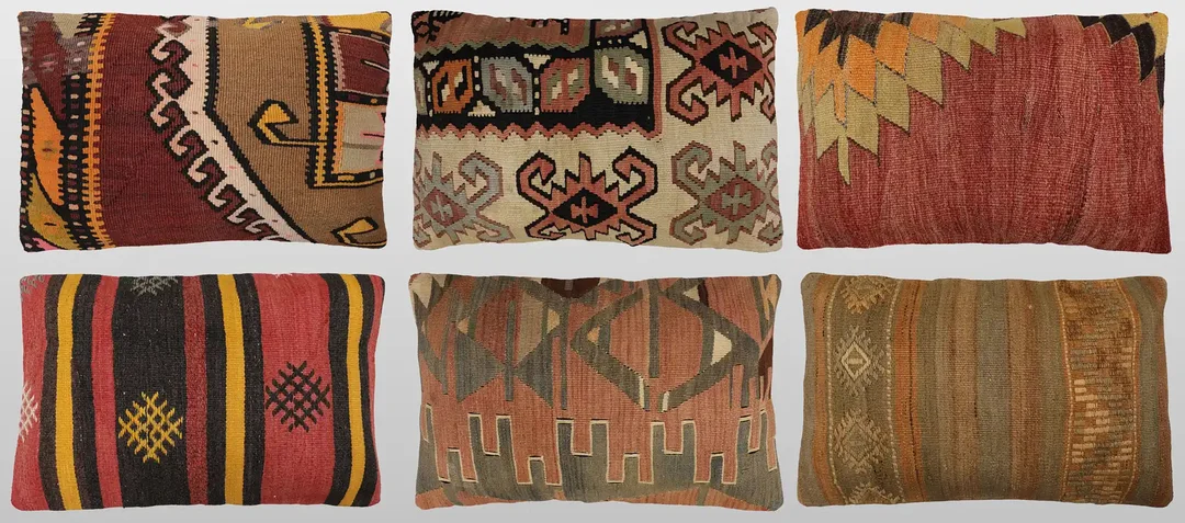 ORIENTMATTA. Parti kuddfodral 6st, anatoliska Kelim fragment, 60 x 40 cm. — Oriental Carpets & Textiles — Gomér & Andersson Norrköping