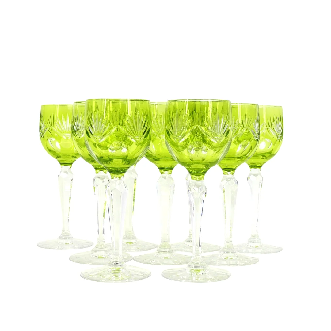 REMMARE, 9 st. oktagon fot med slipat mönster undertill, slipad gröntonad kupa, kristall, 1900-tal. — Utility glass — Höganäs Auktionsverk