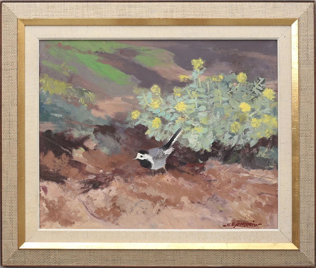 NILS BJÖRKQVIST. Sädesärla. olja på duk, signerad. — Paintings — Auktionshuset Thelin & Johansson