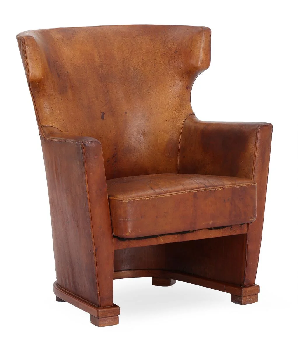 Danish cabinetmaker: Wingback chair in teak, upholstered with original niger skin. Made in the 1930s. — Modern Furniture — Bruun Rasmussen