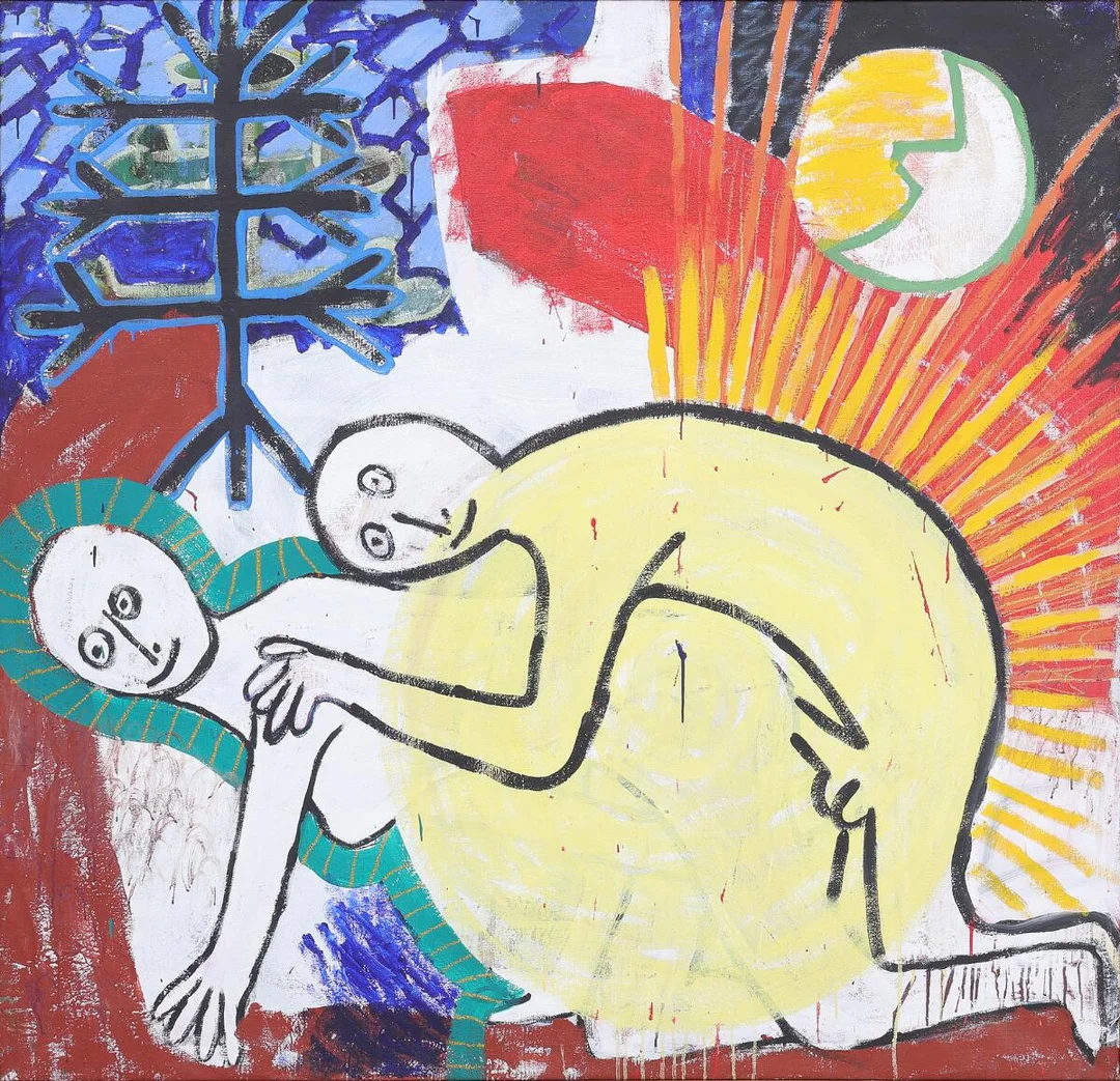 Lars Ravn: “Elskov i Sol”, 1982. Signed on the reverse. Oil on canvas. 155×165 cm. — Modern Paintings/Modern art — Bruun Rasmussen