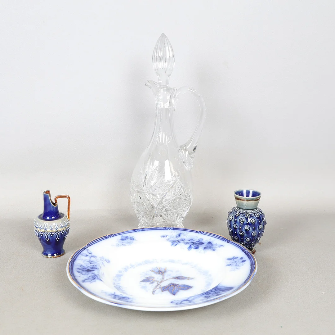 TWO SMALL DOULTON STONEWARE ITEMS, A CUT GLASS EWER AND A WEDGWOOD SOUP BOWL (4). — European — Bishop & Miller