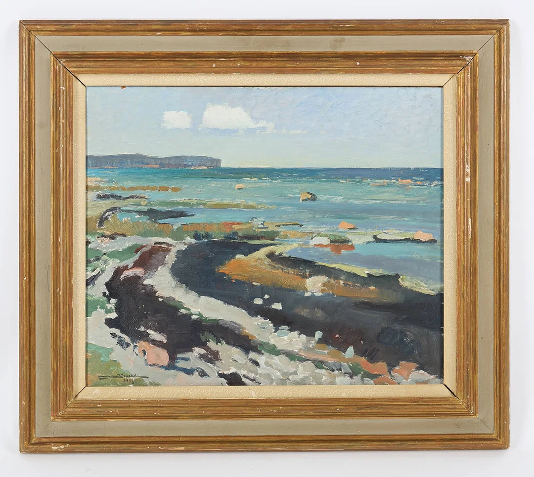 STIG JONZON (1913-1987). "Mot Högklint Gotland", signerad samt daterad 1948, olja på pannå. — Paintings — Stockholms Auktionsverk Helsinki