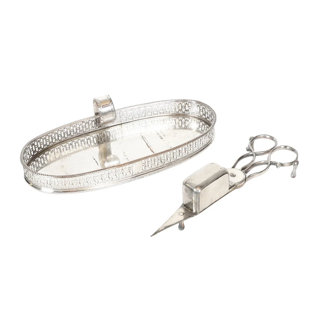 A PAIR OF GEORGE III SHEDDIELD PLATE CANDLE SNUFFERS TOGETHER WITH A TRAY (2). — Silver — Bishop & Miller