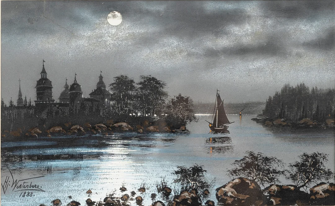 HJALMAR WESTERBERG (1854-1892). Båt i månsken, akvarell, signerad och daterad, HJ Westerberg, 1888. — Paintings — Auktionshuset Kolonn