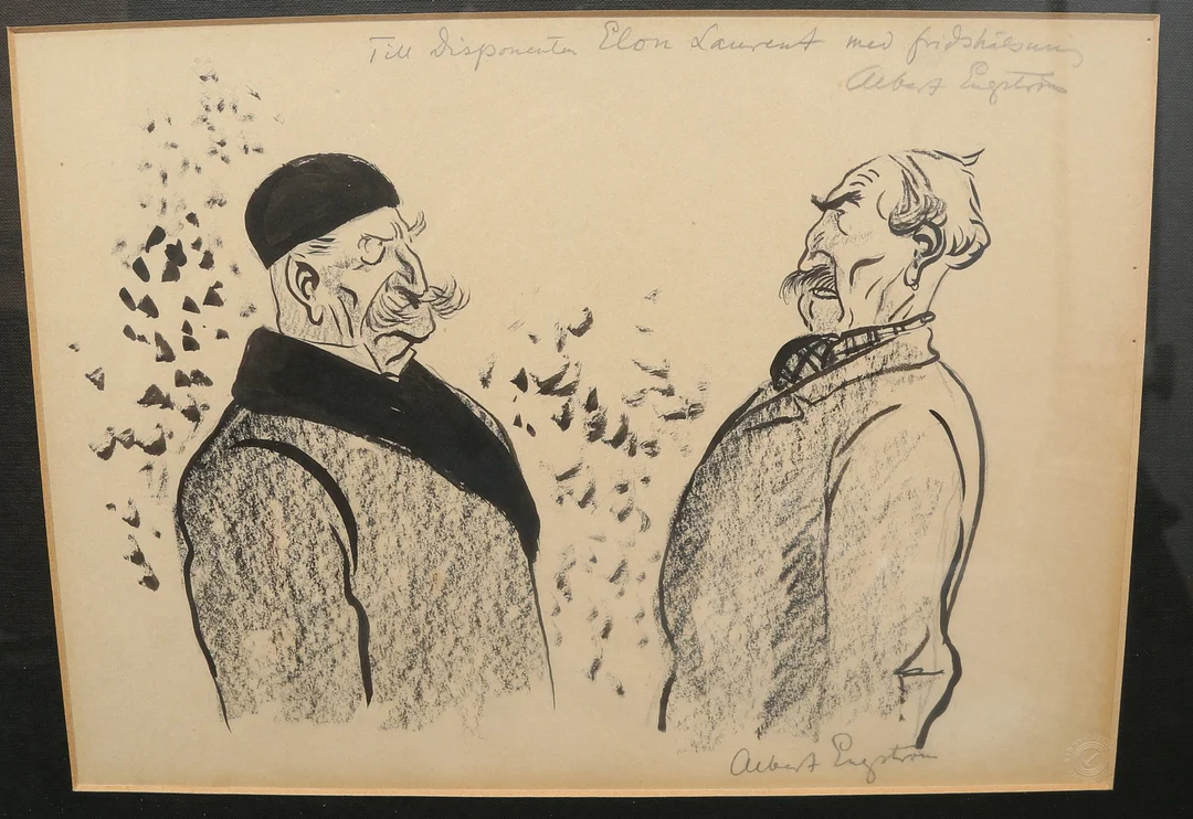 ALBERT ENGSTRÖM, Teckning, blandteknik, två gubbar, signerad, dedikering fram och bak. — Paintings — Gomér & Andersson Linköping