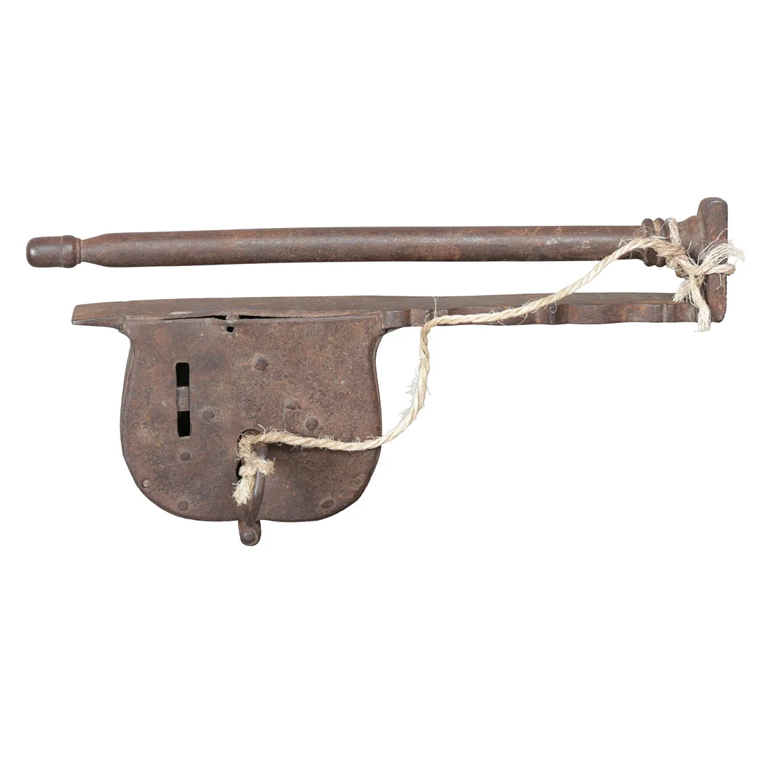 A LARGE WROUGHT IRON LOCK & KEY (2). — Other metals — Bishop & Miller