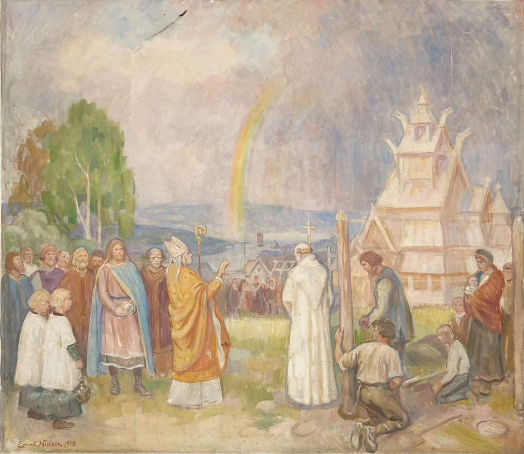 Nielsen, Eivind — Vigsling av stavkirke, 1918 — Kunst/Maleri — Blomqvist