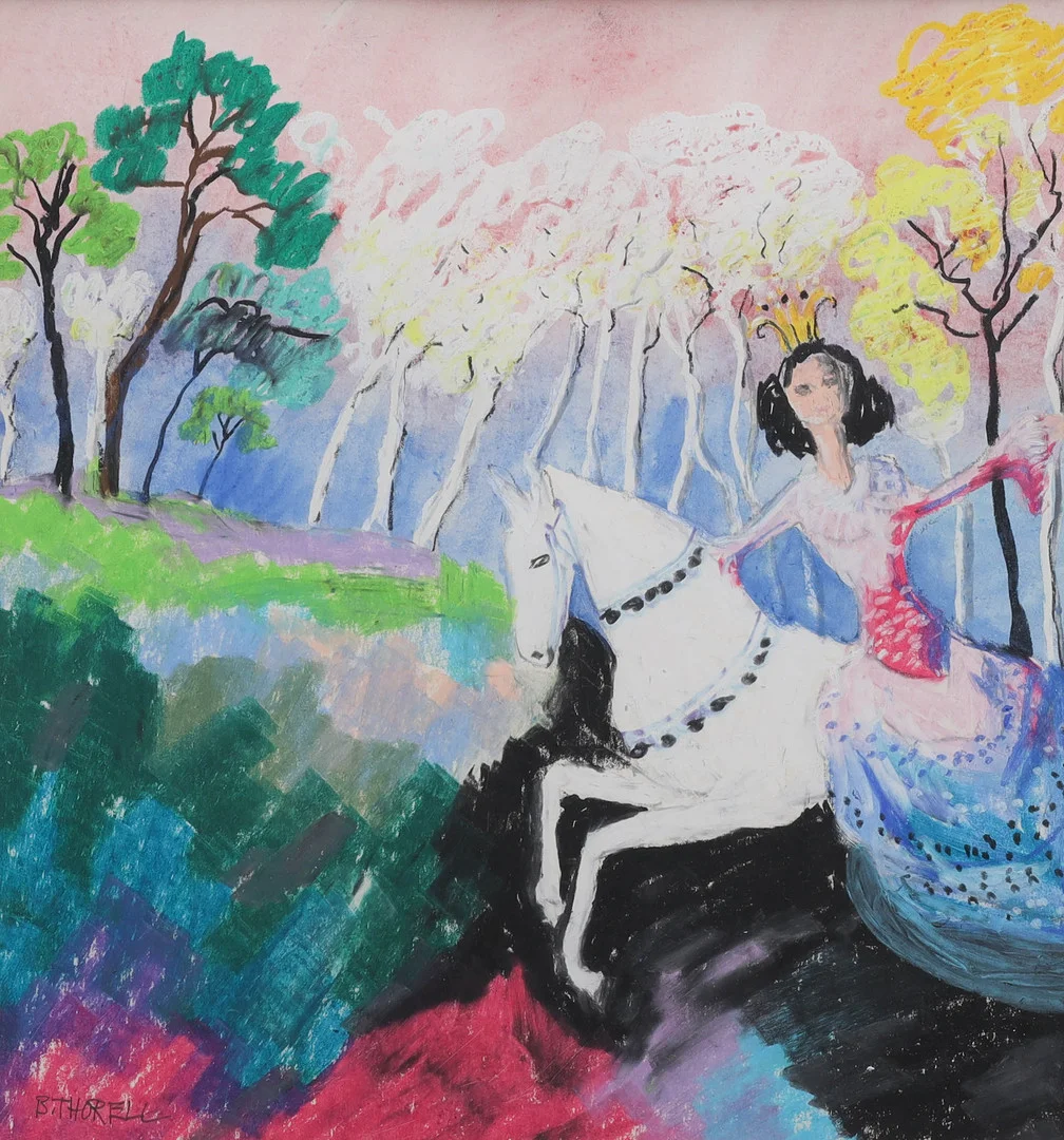 BRITA THORELL. pastell, prinsessa på vit springare, signerad B Thorell. — Paintings — Auktionsmagasinet Vänersborg
