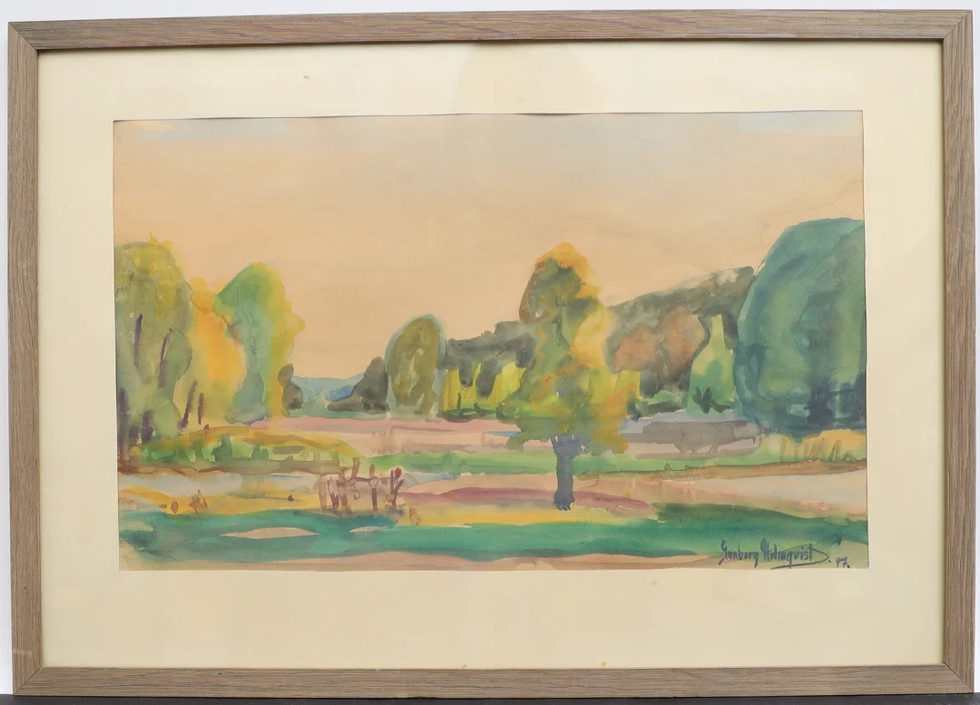GUNBORG HOLMQVIST. Landskap, akvarell, signerad och daterad 47. — Paintings — Falun Auktionsbyrå