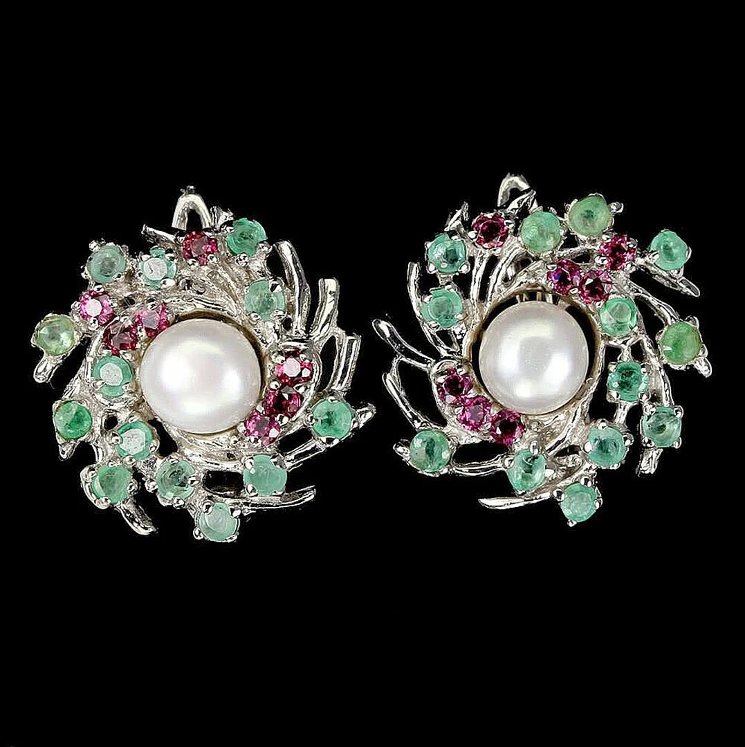 Clipohrstecker mit Perle, Smaragd, Rhodolit und Granat, 925er Silber. — Earrings — Stockholms Auktionsverk Düsseldorf/Neuss