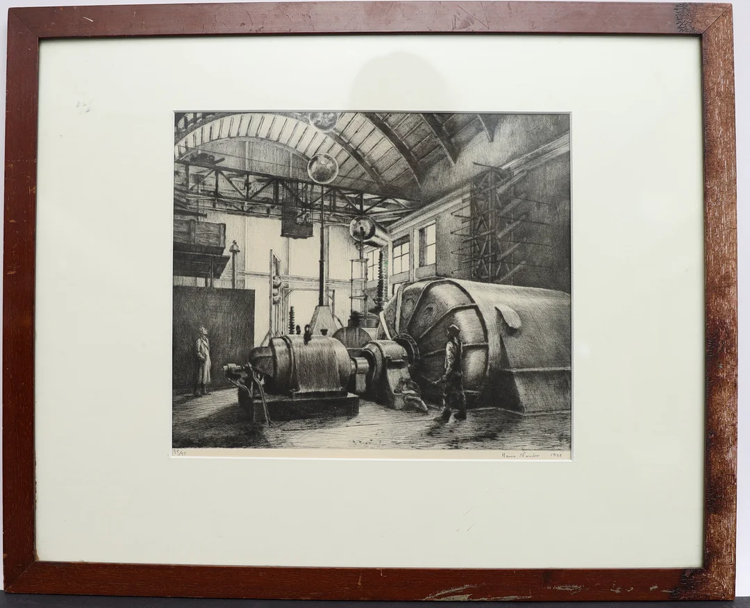 HANS NORSBO. Fabriksinteriör, etsning, signerad och numrerad, daterad 1948. — Engravings & Prints — Falun Auktionsbyrå