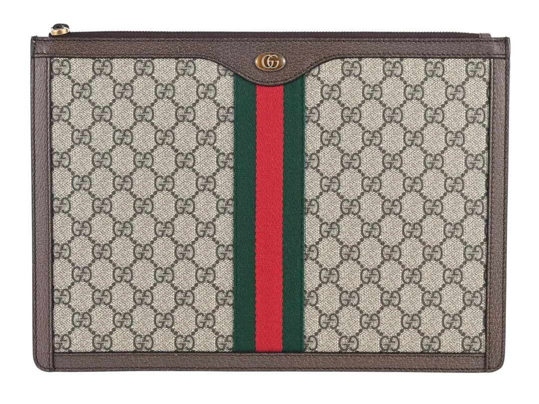 GUCCI, CLUTCH, Toiletry Clutch, GG Supreme canvas, Web röd, grön, guldfärgade beslag, 33,5x24x4 cm. Excellent Condition. — Accessoarer/Väskor — Kaplans