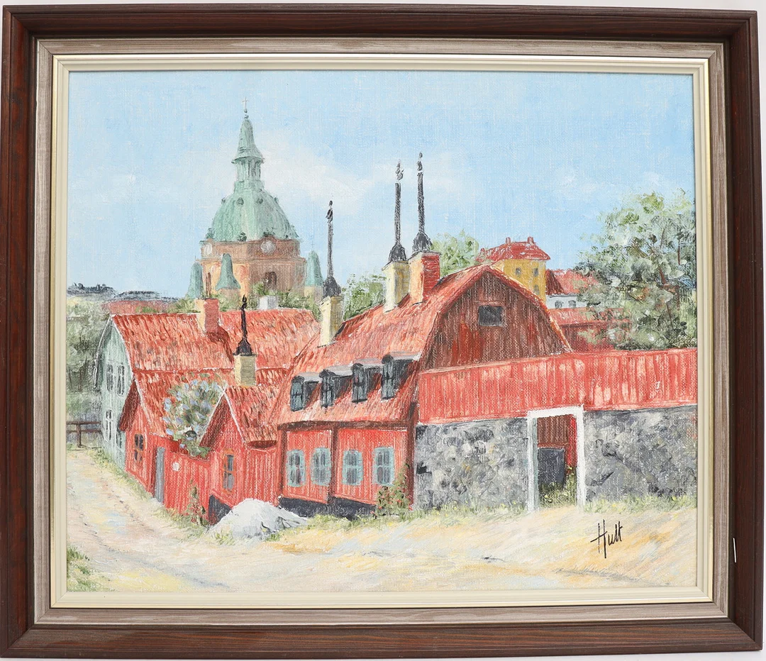 RITA HULT. Stadsbild, oljemålning på duk, signerad. — Paintings — Falun Auktionsbyrå