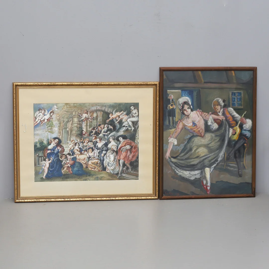CARL ATTERLING. Folkliv och dans. 2 gouacher, den ena signerad. — Paintings — Auktionshuset Thelin & Johansson