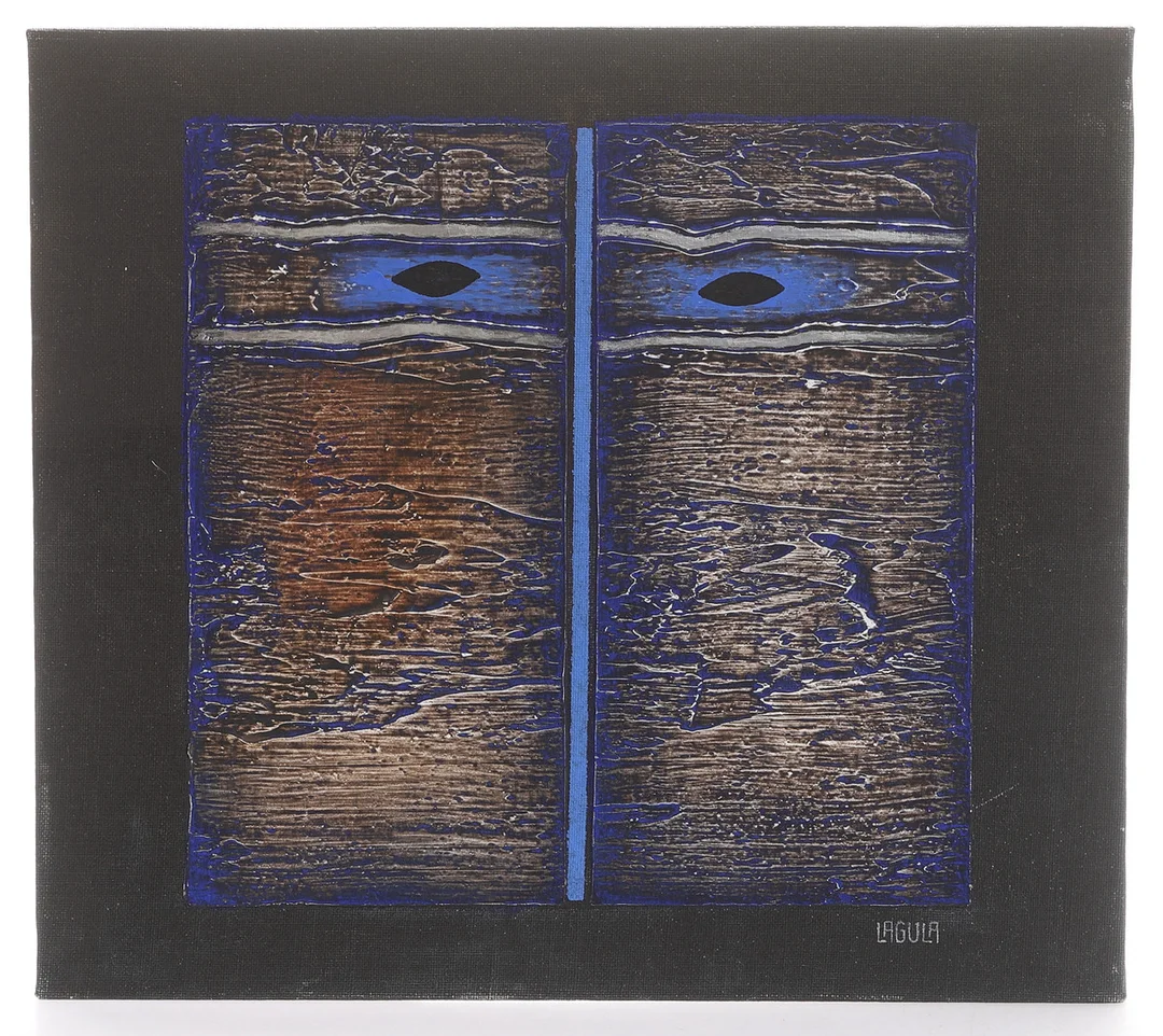 LARS GUNNAR LARSSON. Olja på duk, "Ivory Blå", signerad Lagula. — Paintings — RA Auktionsverket Norrköping