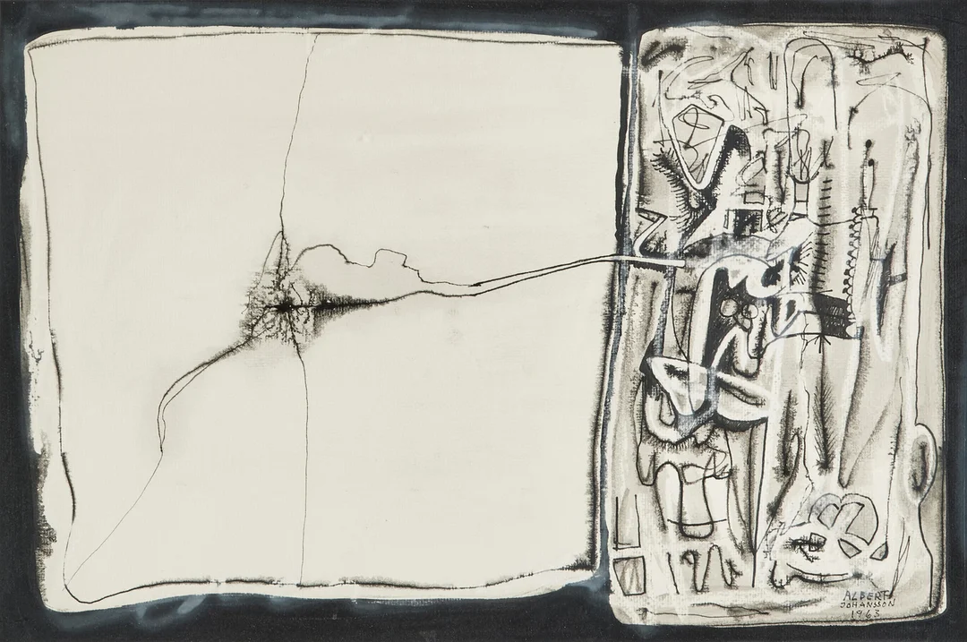 ALBERT JOHANSSON. Abstrakt bild, blandteknik på papper, signerad, daterad 1963. — Paintings — Stockholms Auktionsverk Magasin 5
