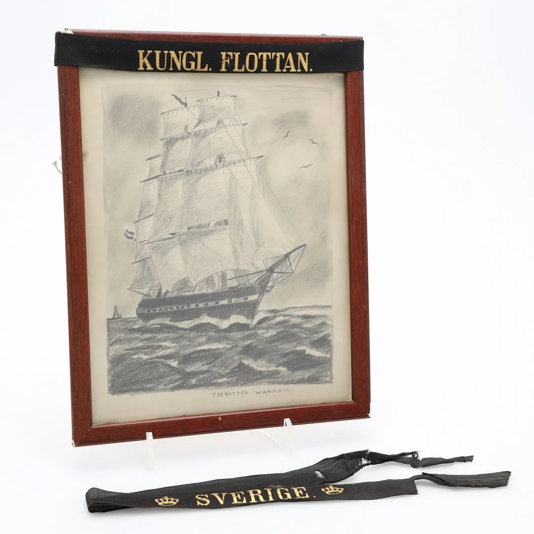OIDENTIFIERAD KONSTNÄR. teckning, "Fregatten Wanadis", monogramsignerad ICLN, samt två mössband för flottan. — Drawings — Auktionsmagasinet Vänersborg