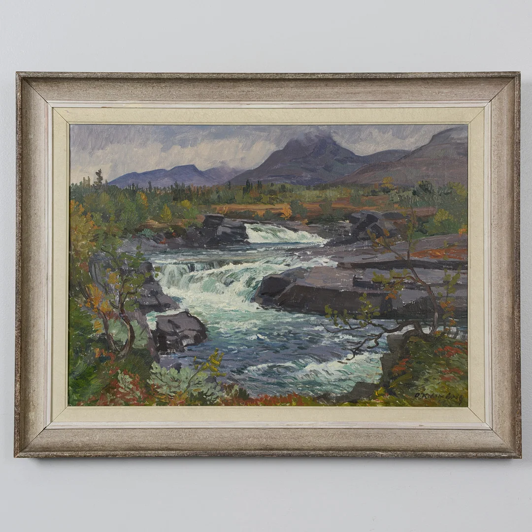 ANTE KARLSSON-STIG. "Forsar i Handölsdalen", olja på pannå, signerad samt otydligt daterad -46. — Paintings — Formstad Auktioner