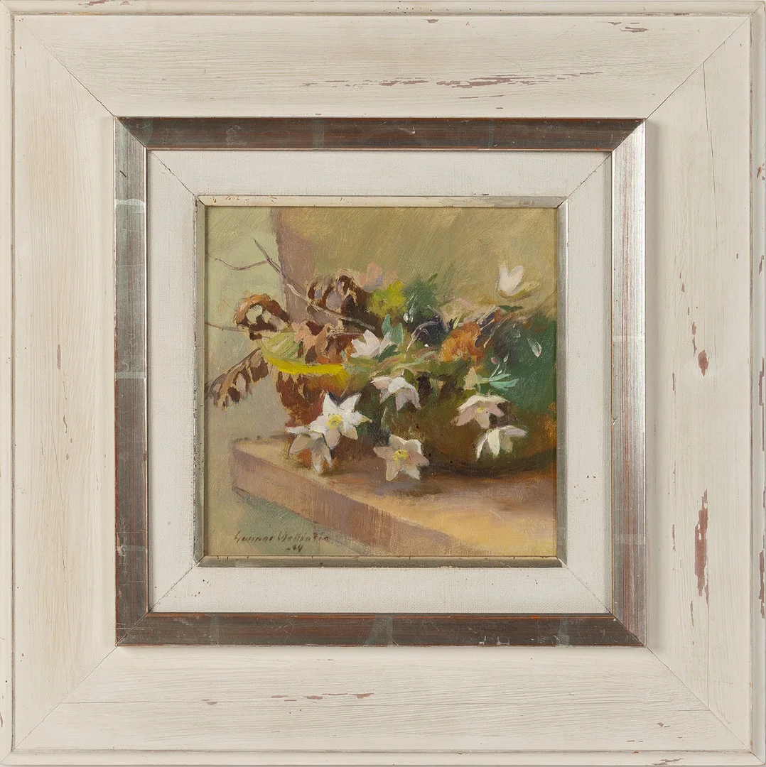 GUNNAR WALLENTIN. Stilleben med vitsippor, olja på pannå. — Paintings — Stockholms Auktionsverk Helsingborg