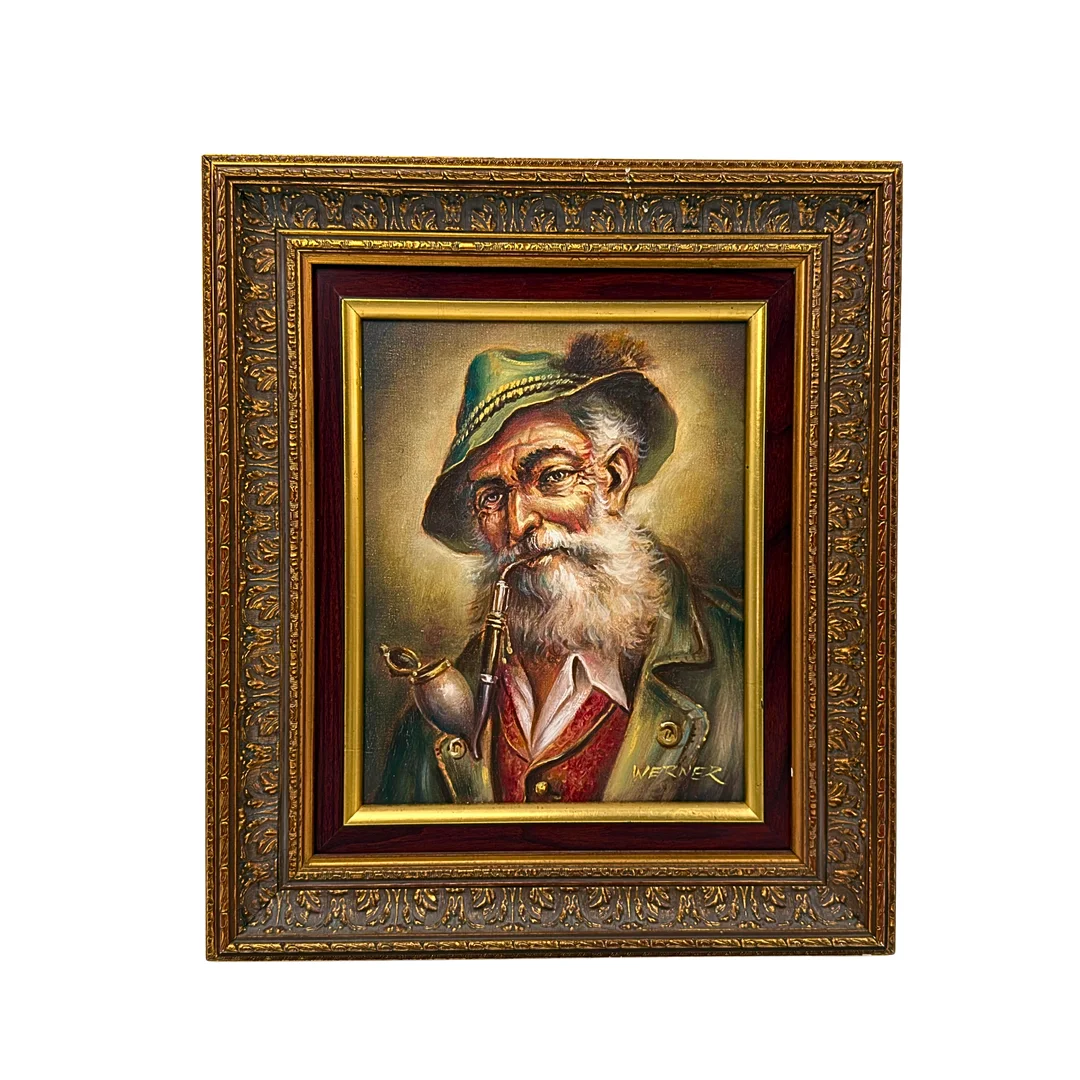 WERNER. ÖL-PORTRÄT EINES MANNES MIT PFEIFE UND HUT, SIGNIERT VON „WERNER“, IN EINEM VERZIERTEN HOLZRAHMEN. — Paintings — Auktionshaus Stuber's Hammerschlag