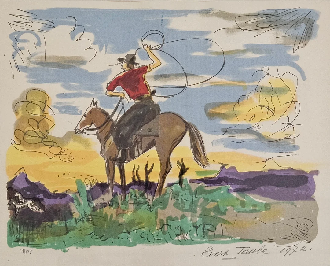 EVERT TAUBE. "ETT LASSOKAST", serigrafi ur mappen "Minnen från Pampas", signerad Evert Taube, numrerad 19/195 och daterad -72. — Engravings & Prints — Auktionshuset Thörner & Ek
