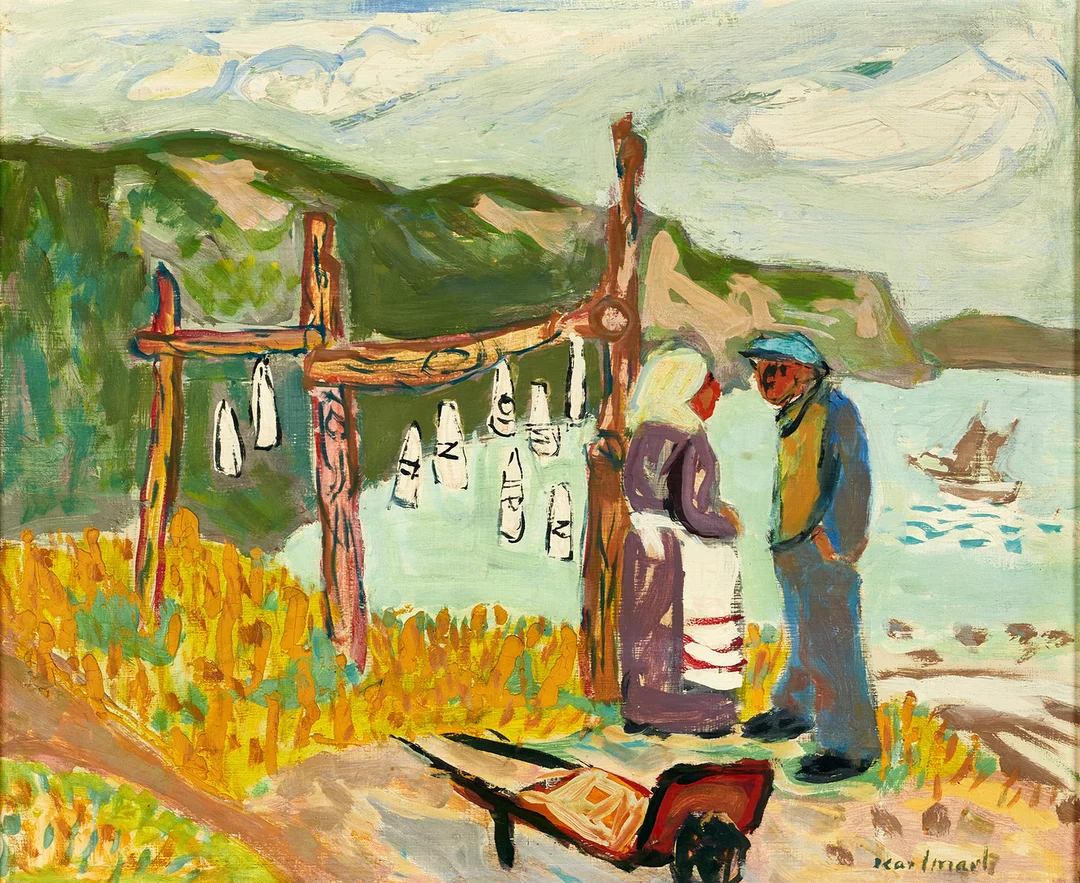 GERHARD KARLMARK. Kustlandskap med segelbåtar och ett figurpar, olja på pannå, signerad. — Paintings — Crafoord Auktioner Stockholm