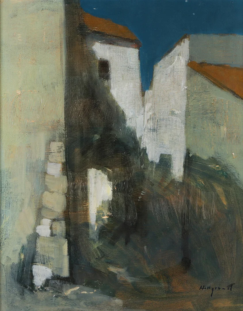 BENGT HILLGRUND. Oljemålning på duk. Huskroppar. Signerad. — Paintings — Skånes Auktionsverk