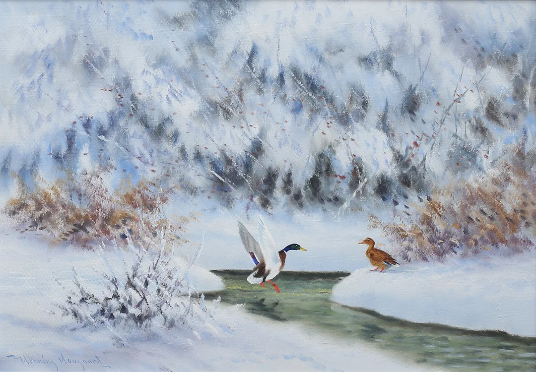 HENNING HOUGAARD. Vintermotiv med gräsänder. Olja på duk, signerad. — Paintings — Auktionshuset Thelin & Johansson