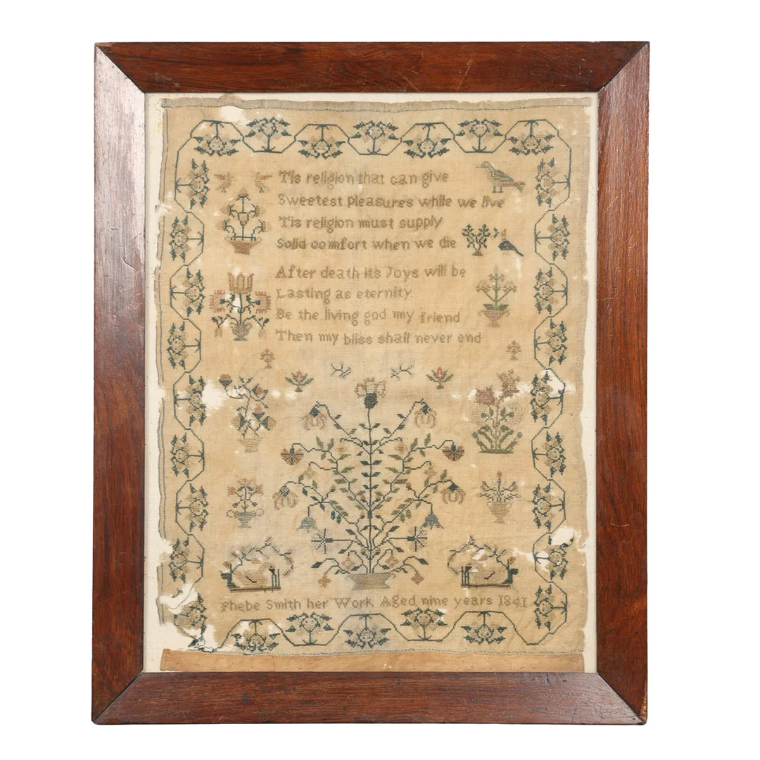 A VICTORIAN NEEDLEWORK SAMPLER, PHEBE SMITH 9 YEARS OLD 1841. — Textiles — Bishop & Miller