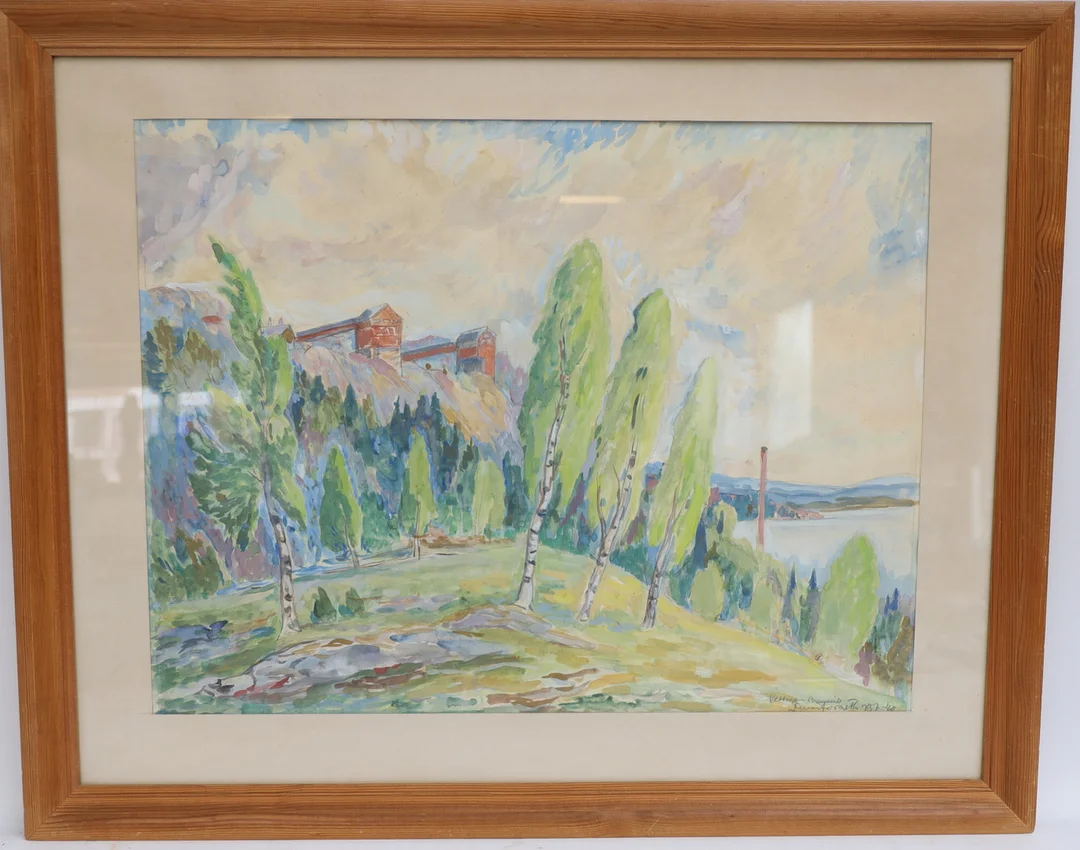 OIDENTIFIERAD KONSTNÄR. Motiv från Brunnsvik, akvarell, otydligt signerad och daterad 40. — Paintings — Falun Auktionsbyrå