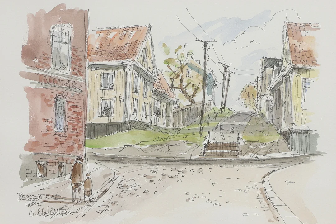 OVE MATHIESEN. Akvarell, "Bergsgatan, Hoppet", signerad. — Engravings & Prints — Ekenbergs Auktioner
