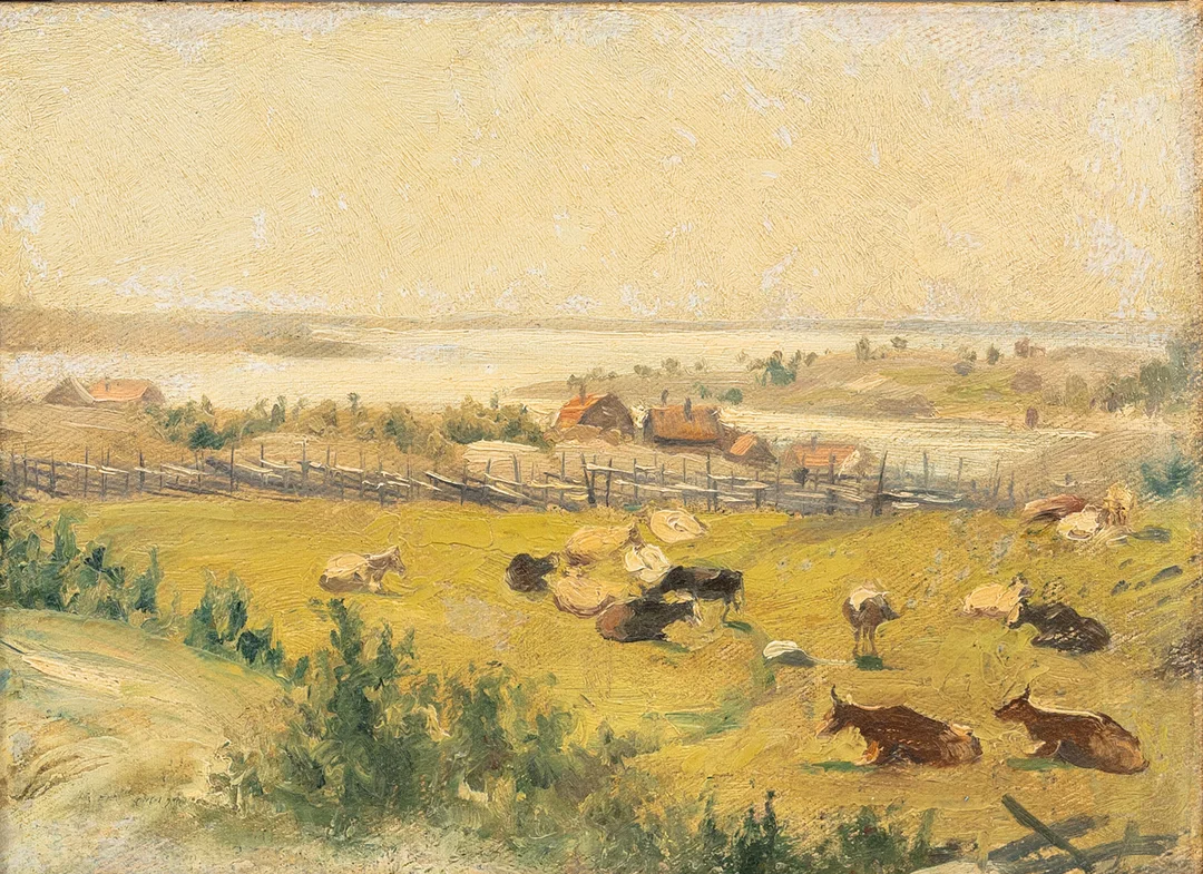 OKÄND KONSTNÄR. landskap med kossor, olja på pannå, osignerad, 1800/1900-tal. — Paintings — Auktionshuset Kolonn