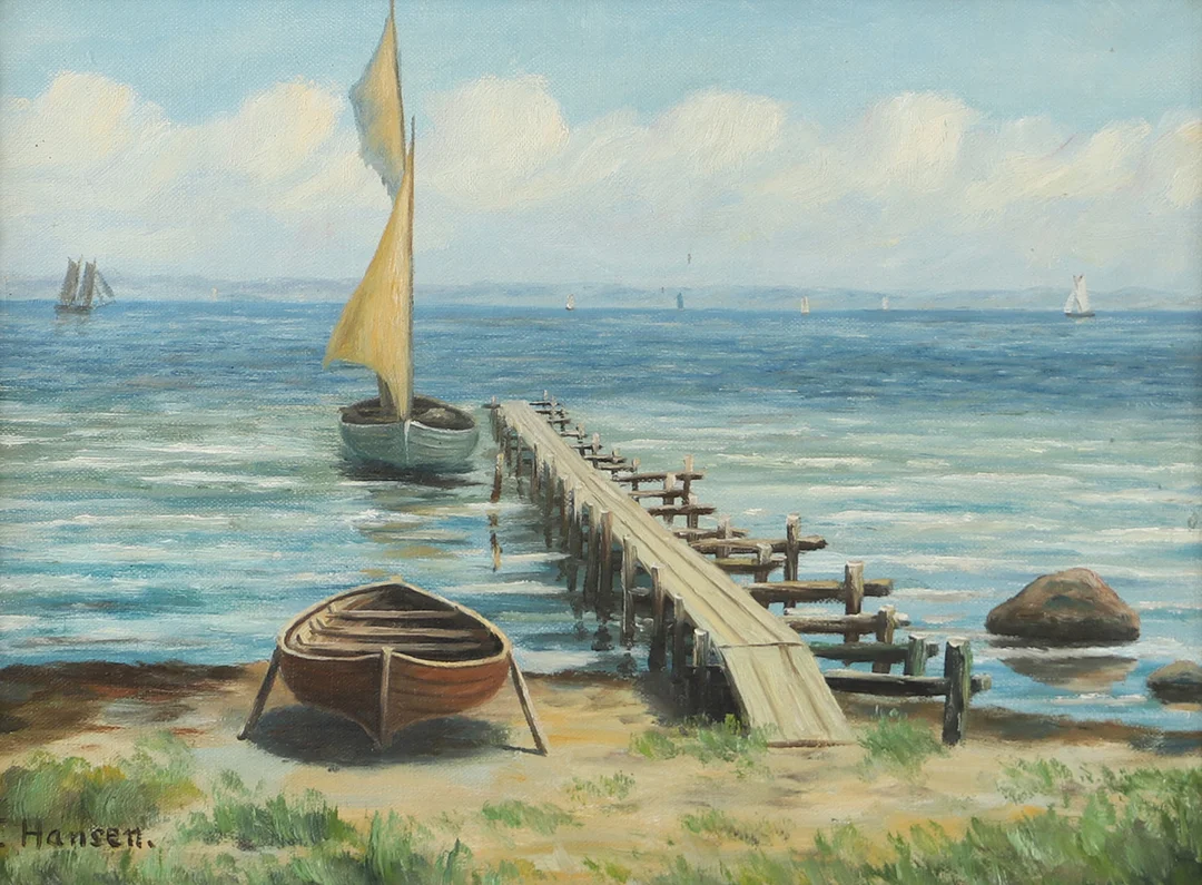 OIDENTIFIERAD KONSTNÄR. Kustparti med brygga, olja på duk, signerad F. Hansen. — Paintings — Helsingborgs Auktionskammare