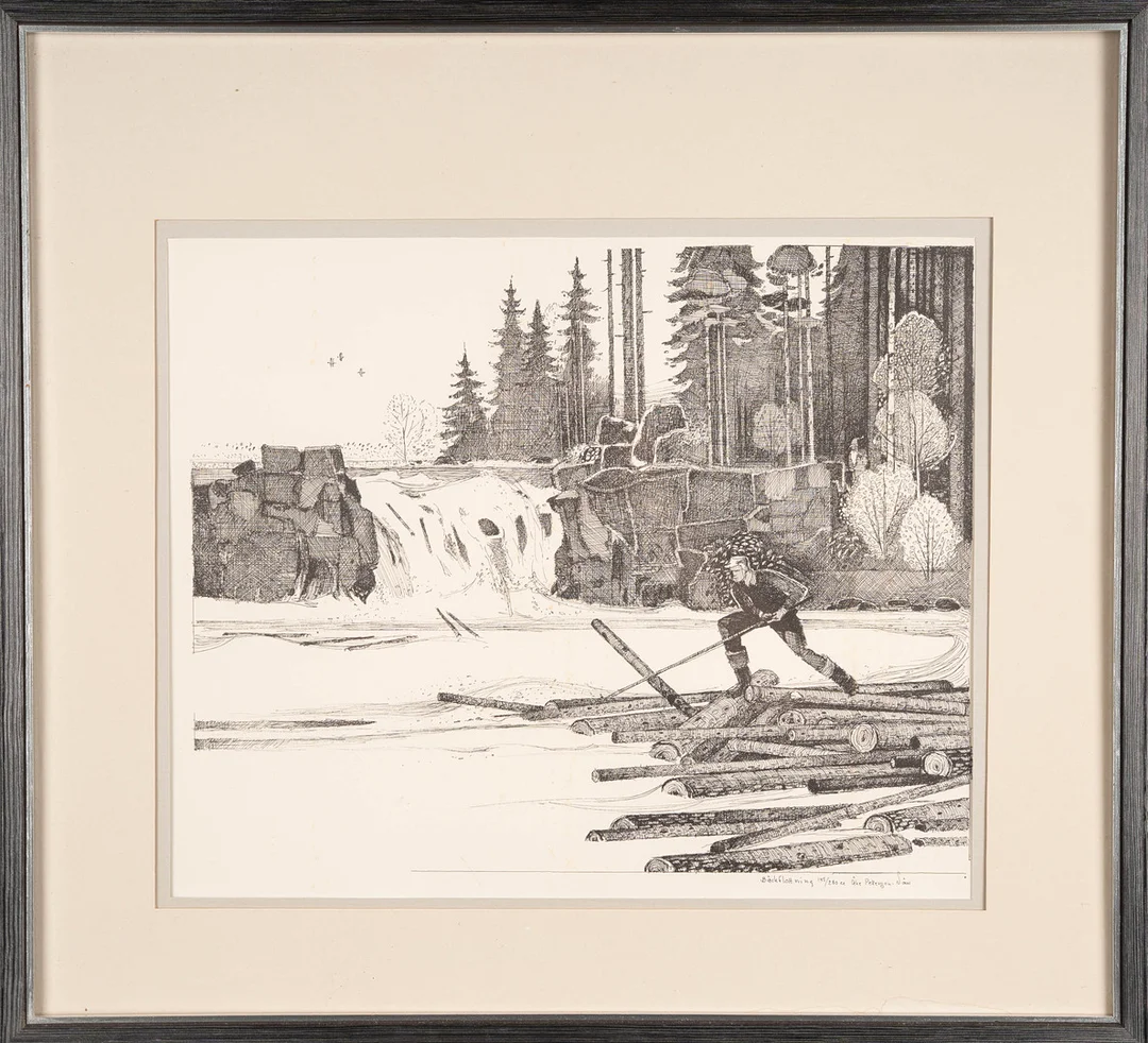 ÅKE PETTERSSON-NÅW. Litografi "Bäckflottning" Signerad & Numrerad 145/280. — Engravings & Prints — Norrlands Auktionsverk
