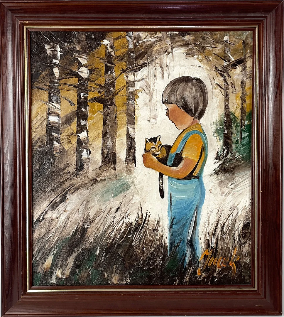 OIDENTIFIERAD KONSTNÄR. Pojke med katt, olja på duk, signerad Jacek. — Paintings — Roslagens Auktionsverk