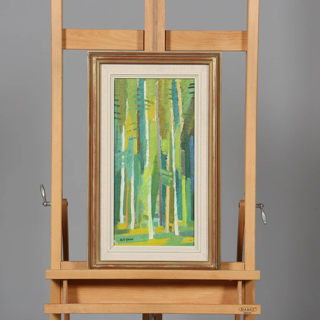 KULO GREEN. OLJA PÅ PANNÅ, "Skogen vid stugan", signerad. — Paintings — Borås Auktionshall