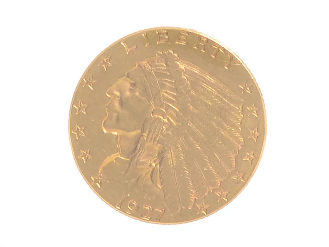 MYNT, 21,6K guld, 2,5 dollar, USA, 1927, kvalité ca 1+, diameter 18 mm, vikt 4,2 g. — Mynt/Utländska mynt — Kaplans