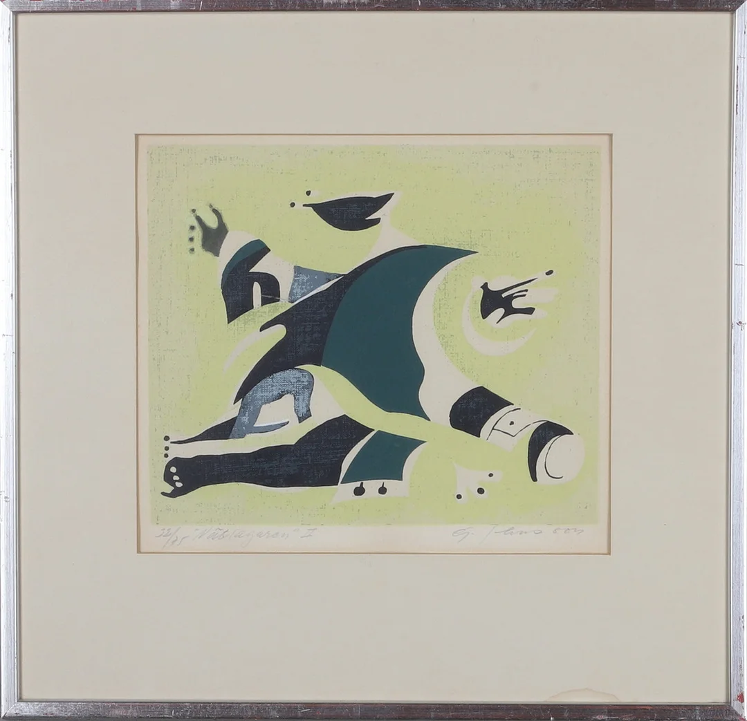 GUNNAR JOHANSSON. "Nätlagaren II", färglitografi, signerad och numrerad 32/75. — Engravings & Prints — Gomér & Andersson Norrköping